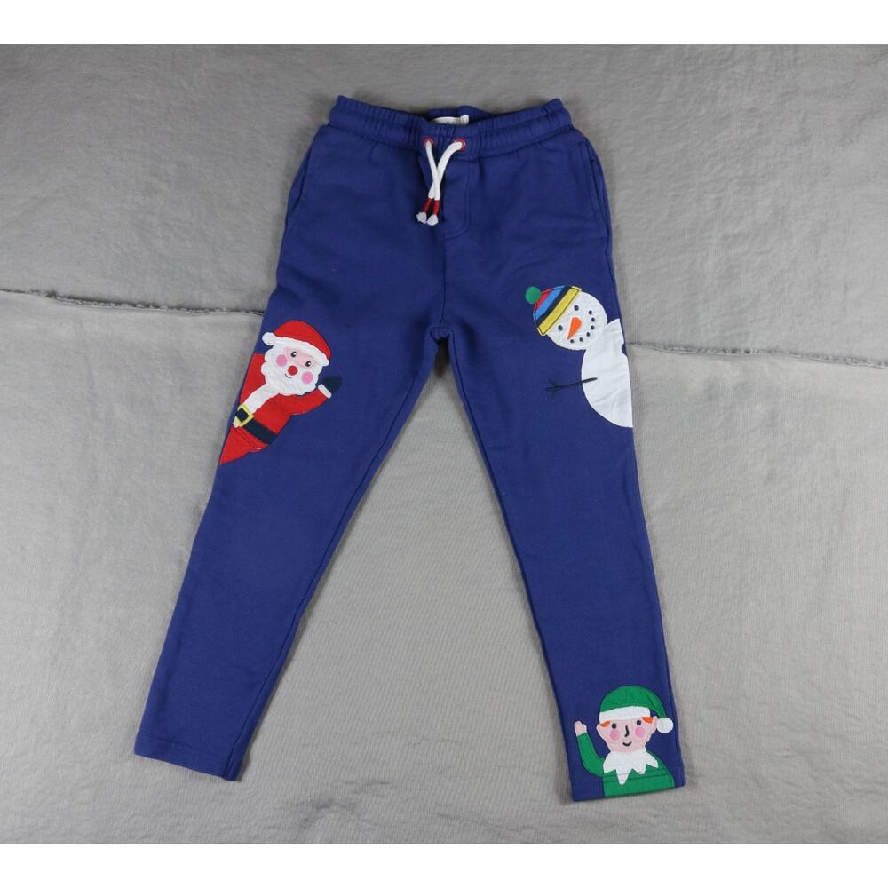 New Mini BODEN Joggers 7Y Blue Christmas Santa Snowman Appliqué Pull-on Pants